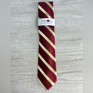 Tayion Collection Men's Burgundy, Gold % White Striped Tie